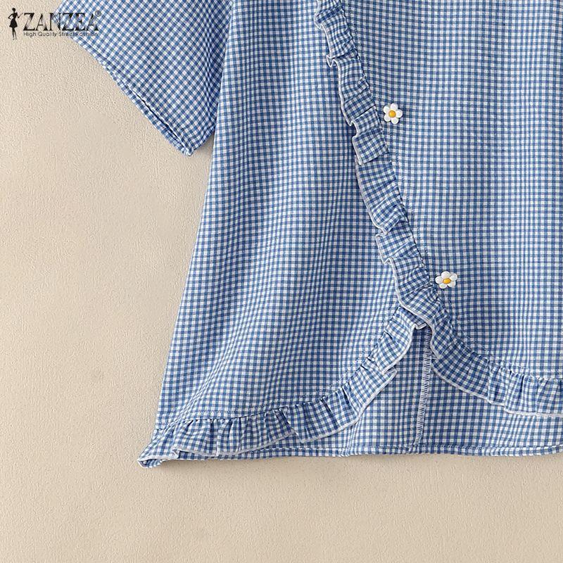 ZANZEA Women Casual Round Neck Plaid Print Loose Short Sleeve Blouse
