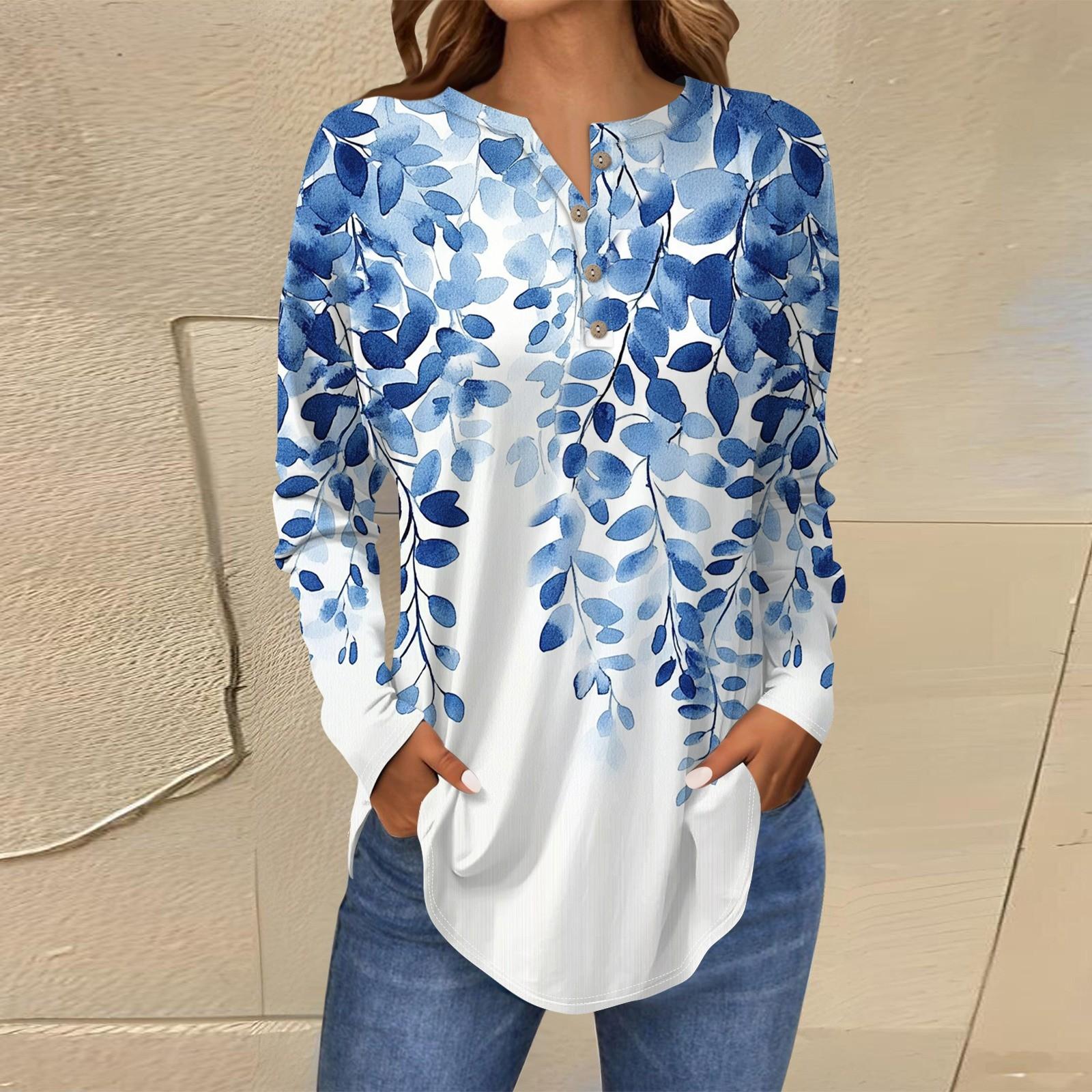 

Футболки для женщин, осенние повседневные рубашки с длинным рукавом на пуговицах, толстовка с винтажным принтом, топ, пуловер XL небесно-голубой