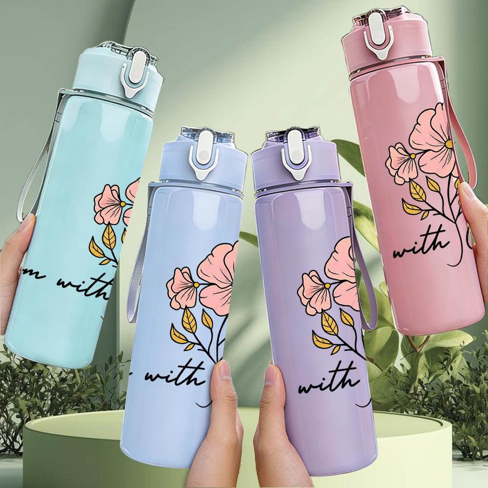 1PC Bloom With Grace Floral Graphic,750ml Color Plastic Sports Water Bottle,Leakproof Flip Straw Lid,Suitable for Sports Office Home Use