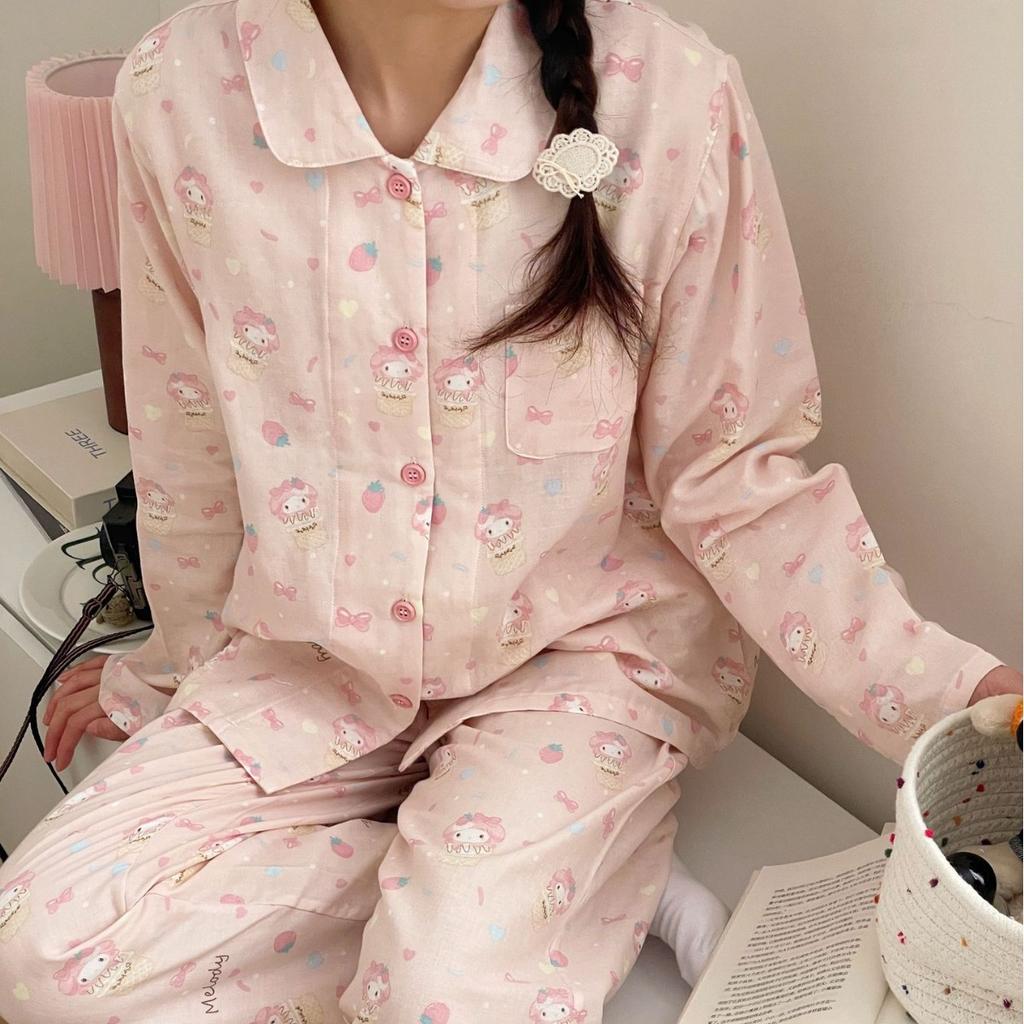 11 pajamas loungewear small lapel women's simple cotton double-layer yarn pajamas Melody breathable loungewear