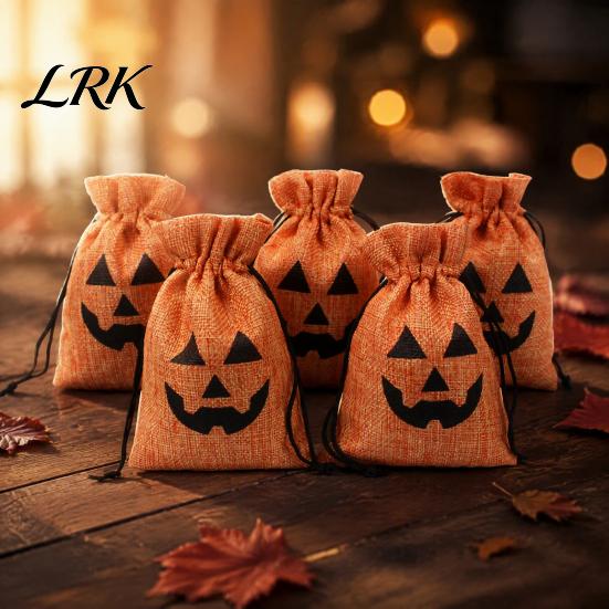 Rustic Party Favors 5Pcs Halloween Burlap Drawstring Bags, Candy Treat Pouch for Favor, Small Linen Gift Bags Goodie Trick or Reusable Packaging
