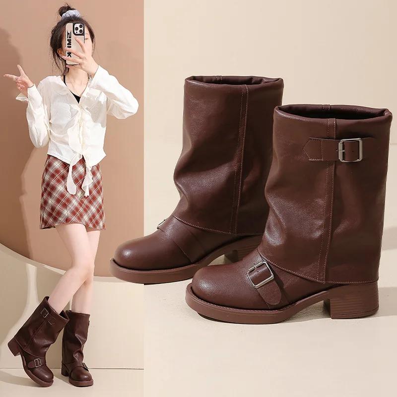 2025 New Western Style Women's Cowboy Boots Folded Mid-Calf Retro Color Rubbing Thick Heel Fashion Cuff Boots