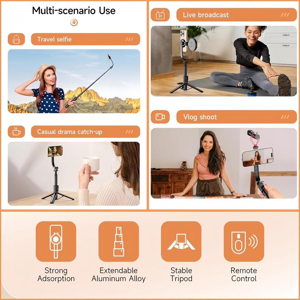 Magnetic Mini Extendable Selfie Stick Tripod Holder Stand with Fill Light Bluetooth Wireless Remote for iPhone 17 16 15 &Android