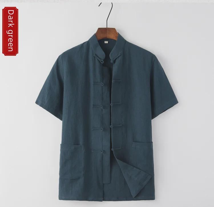 Men's Summer Thin Linen Tang Suit - Short-Sleeved Top for Middle-Aged & Elderly