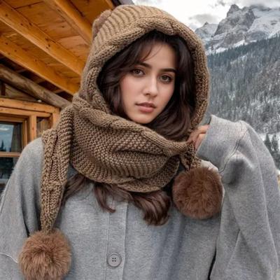 Plüschwollmütze für Damen, vielseitig für Herbst und Winter, inklusive Schal und einteiliger Mütze, niedlicher Pelzbommel-Ohrenschutz, dick und warm gestrickt