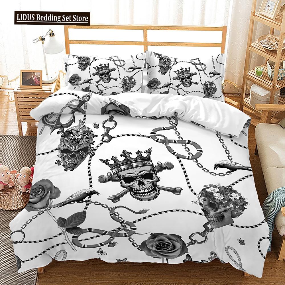 Skull Duvet Cover Set Butterfly Pattern Dark Purple Background King Queen Size For Kids Boys Girls Bedding Set With Pillowcases