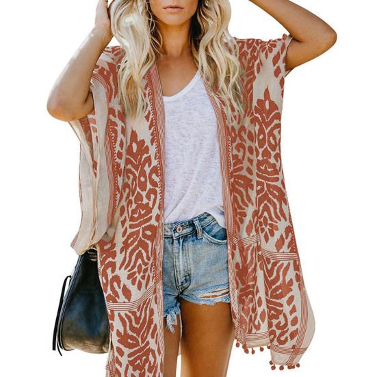 Tassle Ball Sun Protection Swimsuit Cardigan Half Sleeve Women Boho Printed Beach