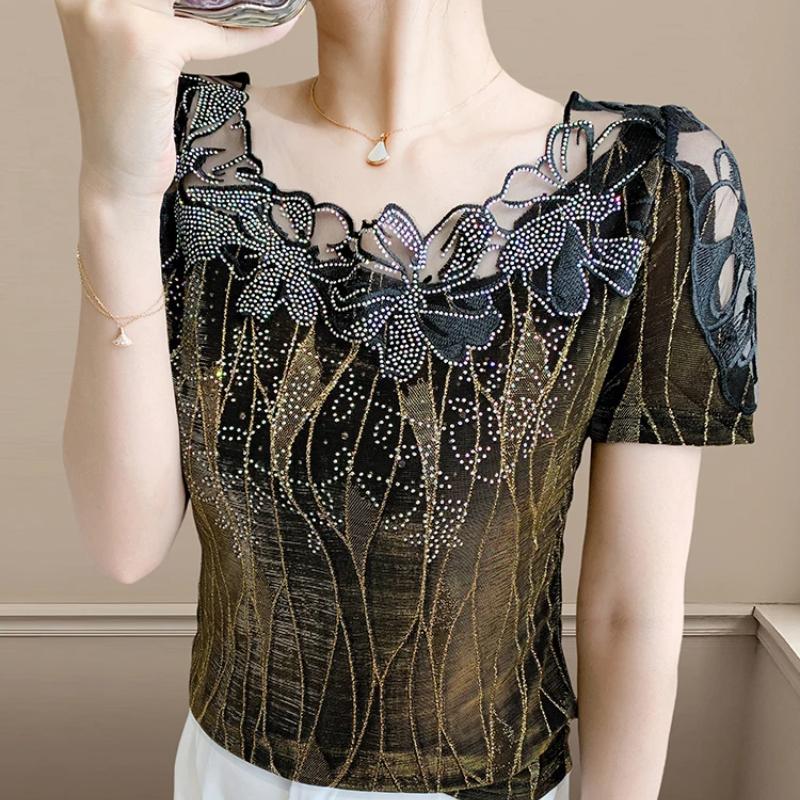 Summer Women T-Shirt Chic Sexy Lace Hollow Embroidery Flower Patchwork Mesh Tops Elegant O-Neck Diamonds Short Sleeve Tees