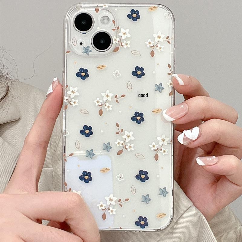 Blue and White Floral Pattern Transparent Soft Phone Case for iPhone 16/15/14/13/12/11/X - European and American Style