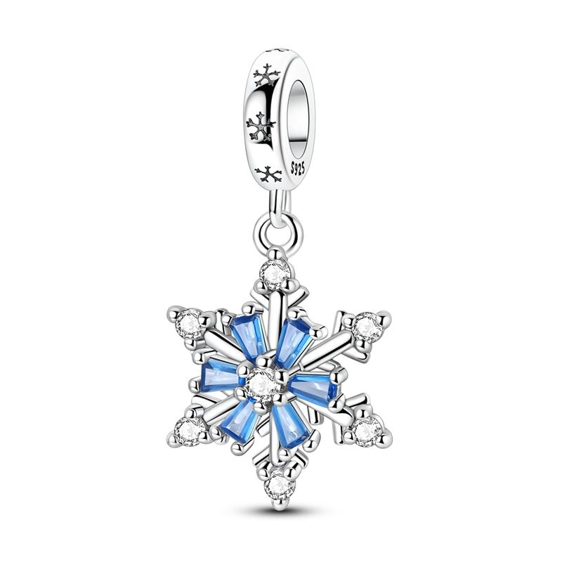 Original 925 Sterling Silver Charms Bead Winter Blue Zircon Sparking Rotatable Snowflake Pendant Fit Original Bracelet Necklace