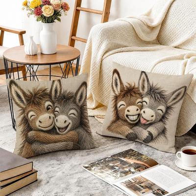 Funny Donkey Couple Cushion Cover Durable Hypoallergenic Organic Linen Pillow Cover Short Size Washable SkinFriendly