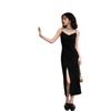 Summer Spaghetti Strap V-Neck Black Dress with Side Slit for Women