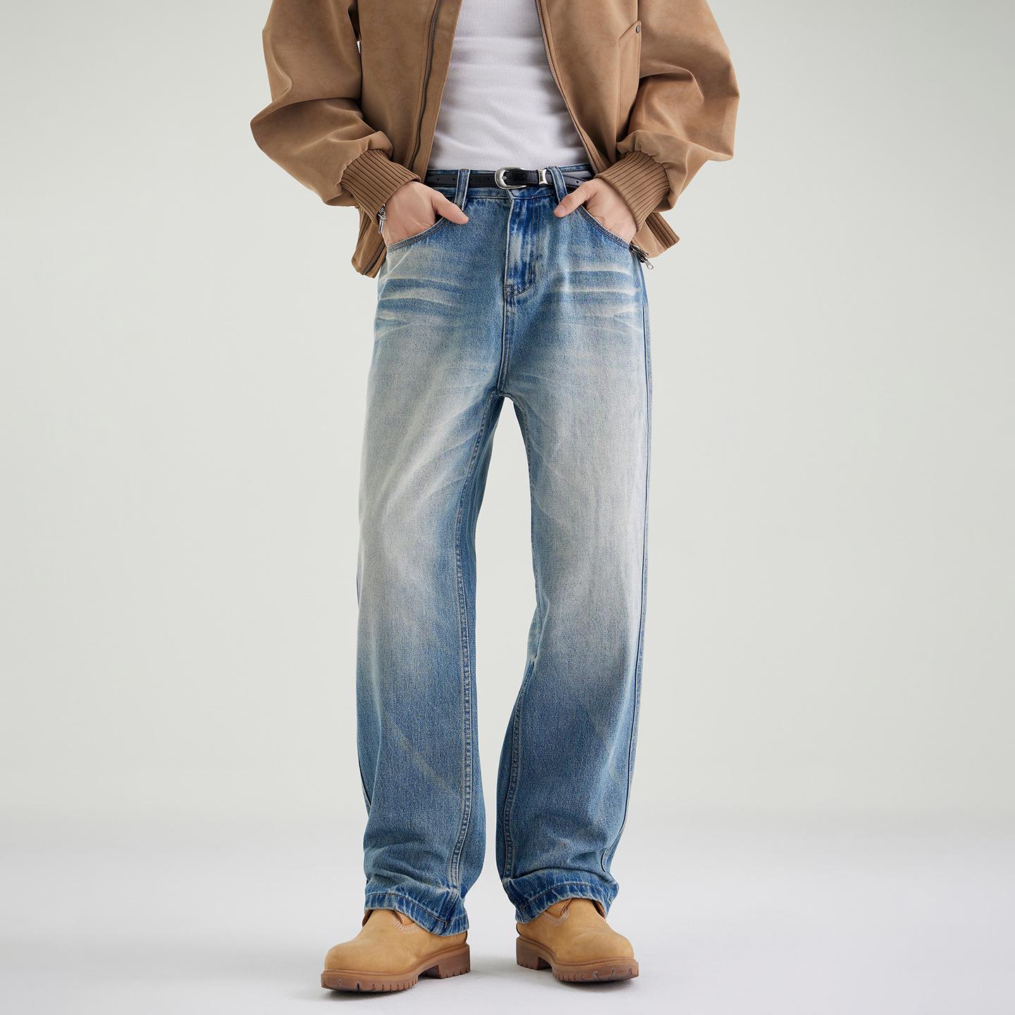 

Мужские джинсы прямого кроя с эффектом потертости, осень 2025 Large синий