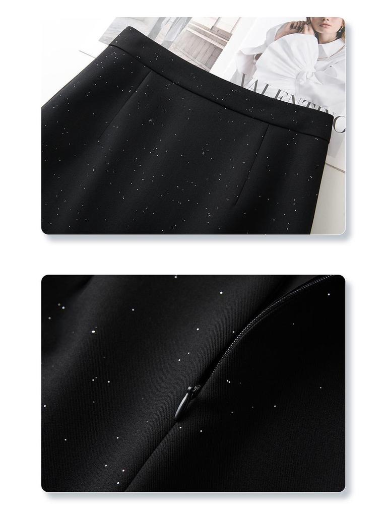 Women's Black Sequin Bodycon Midi Skirt with Slit - Spring 2025 Collection