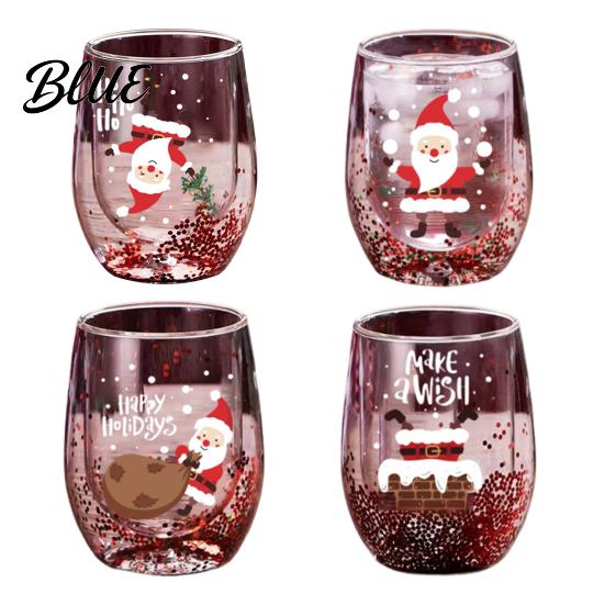 Double Layered Juice Glass Layer Cup with Santa Claus/Small Tree/Stack/Bag Patterns Decor Family Gathering Tableware Quicksand Sequins Clear