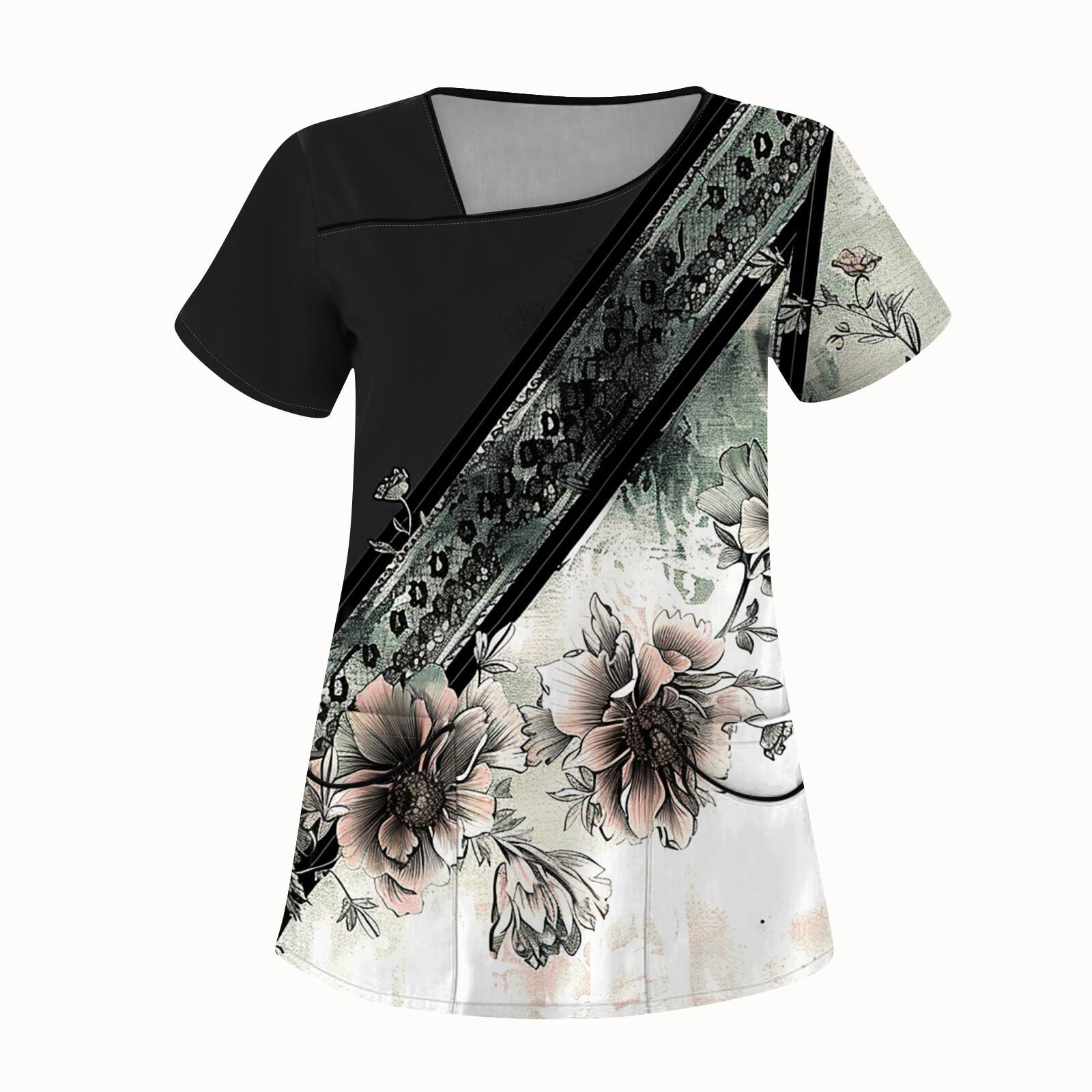 

Женская повседневная рабочая одежда с короткими рукавами и наклонным воротником с принтом и двойными карманами XXXL чёрный