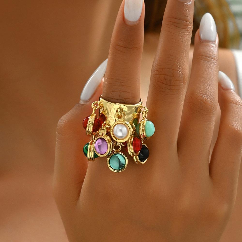 Multi-pendant Fringe Open Ring Vintage Exaggerated Ring Colorful Bead Rings Party Jewelry