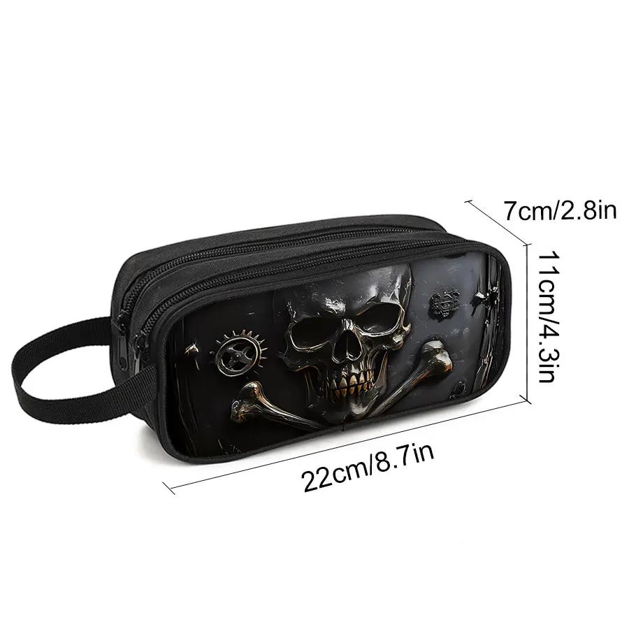 Skull Pattern 3D Cartoon Double- Layered Leather Pencil Case Best School Supplies Gift for Boys/Girls with Handheld Holder