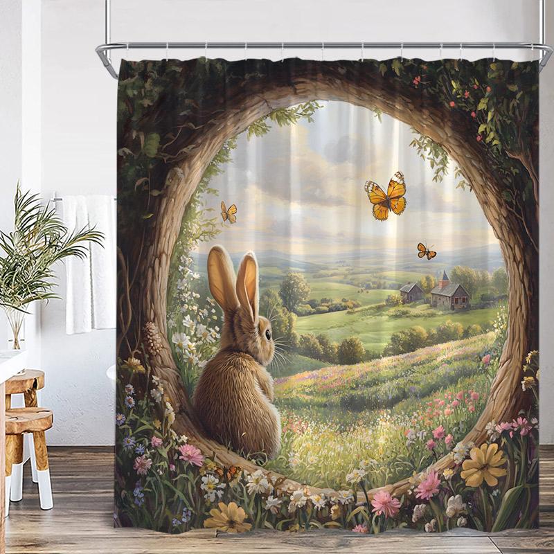 Easter Shower Curtains Watercolour Floral Leaves Butterfly Cute Rabbit Bath Curtain Fabric Home Bathroom Decoration With Hooks
