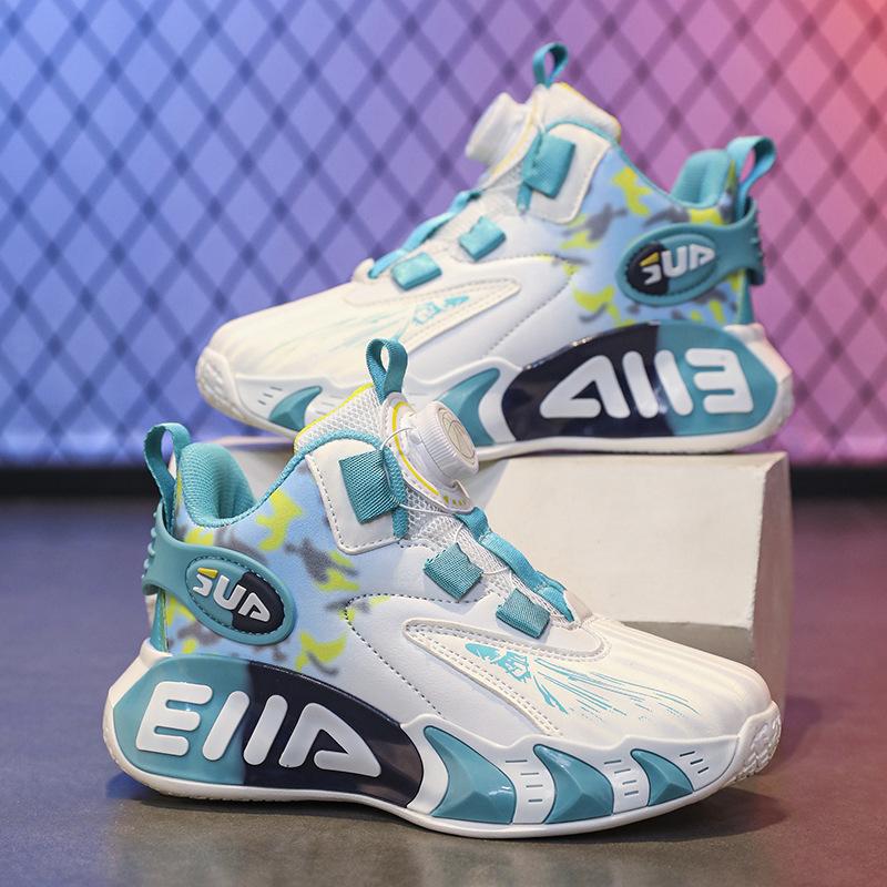 Children's basketball shoes Boys Spring and Autumn leather new white mesh button sneakers friction sound running shoes