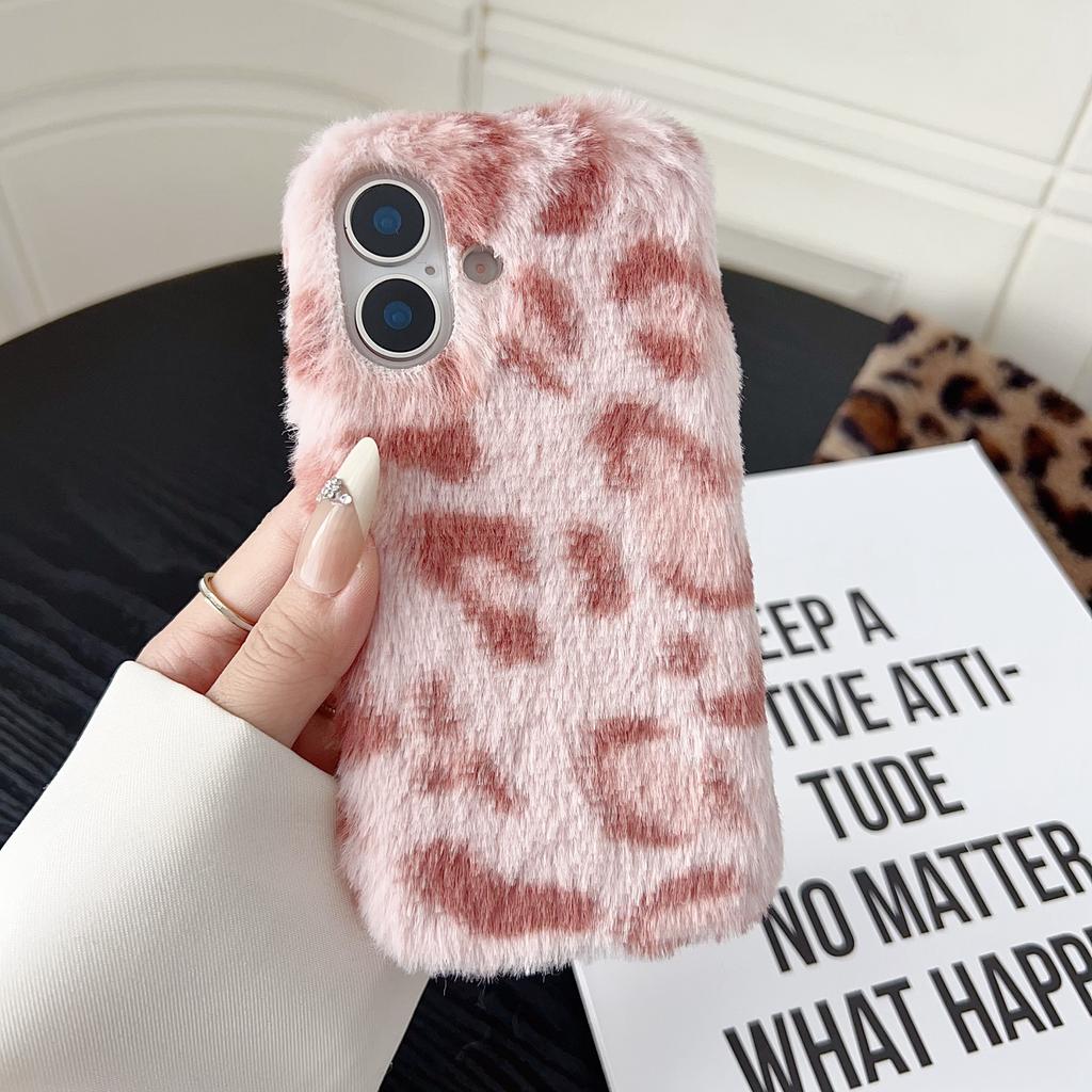 For iPhone 17 Case Leopard Pattern Fluffy Plush TPU Phone Cover