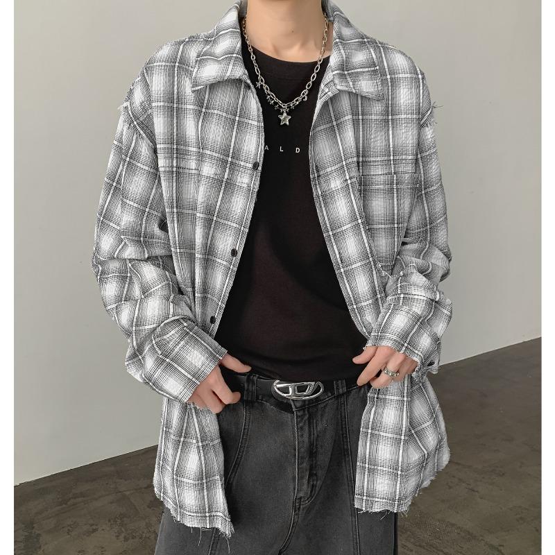 Men s Black White Plaid Oversized Shirt Long Sleeve Distressed Loose Casual Streetwear Button Down Top L