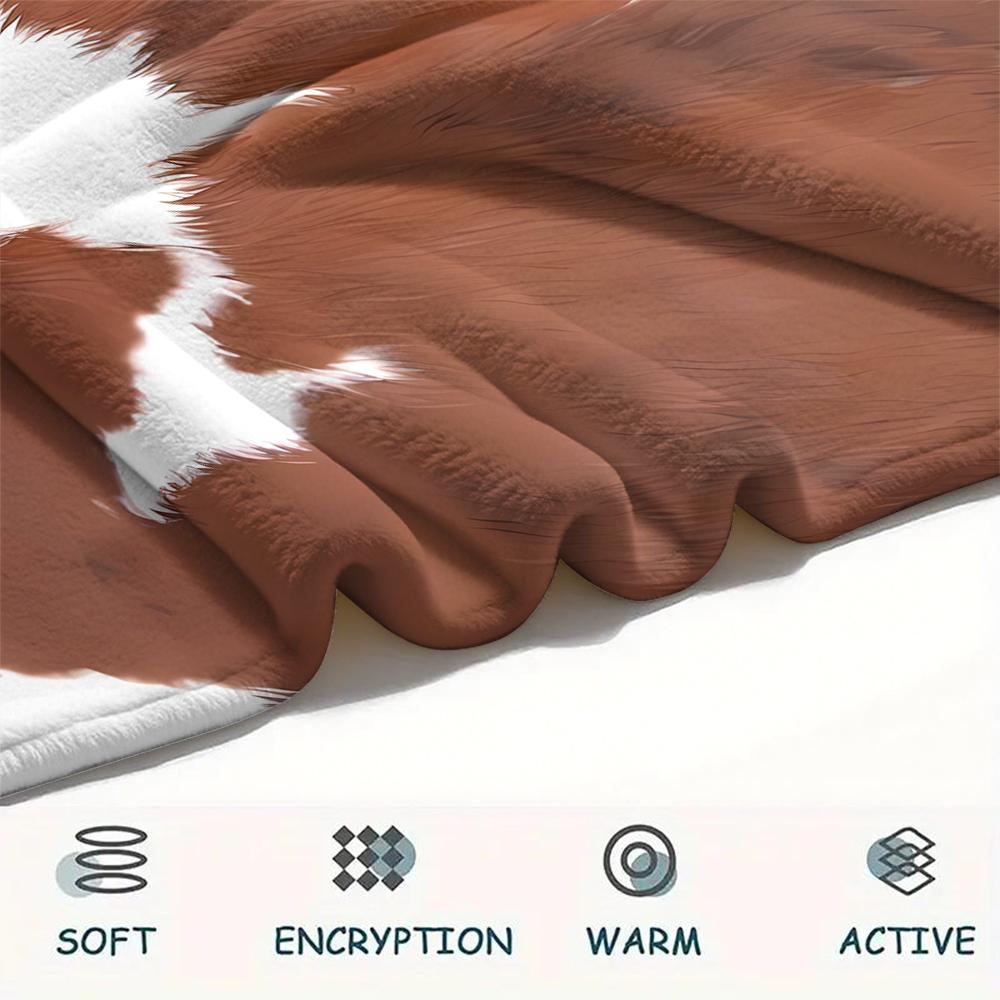 1Pc Rustic Cowhide Style Print Flannel Blanket, High Quality Comfortable for All Seasons, Home Decor, Warmth and Comfort, Perfect for Gifts