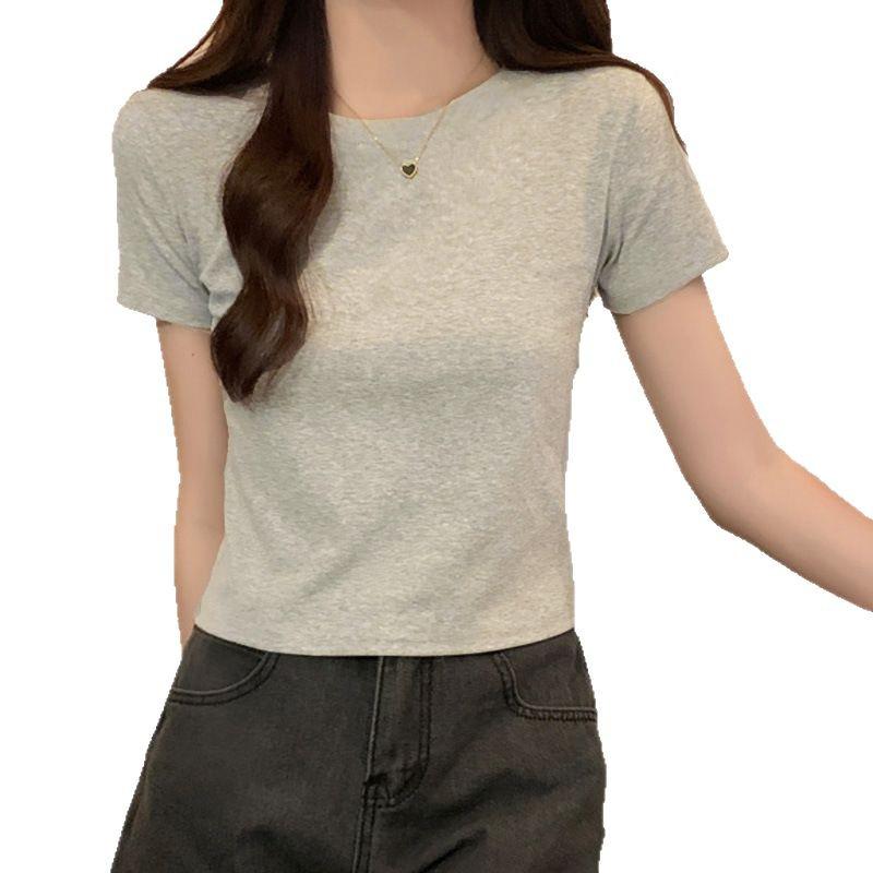 Women's Slim Fit Short-Sleeve Solid Color T-Shirt - Korean Style Summer Top