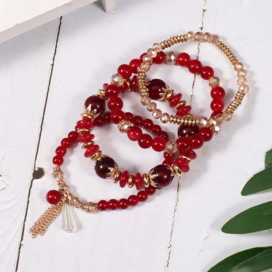 4Pcs/Set Boho Faux Agate Pearl Tassel Chain Charm Beaded Bracelet Women Jewelry