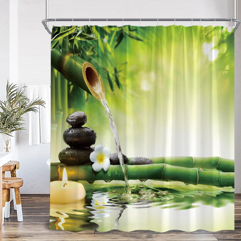 Zen Zasłony Prysznicowe Czarny Kamień Zielony Bambus Lotos Spa Świeca Fioletowa Orchidea Naturalny Liść Zasłona Łazienkowa Medytacja Wystrój Kąpieli