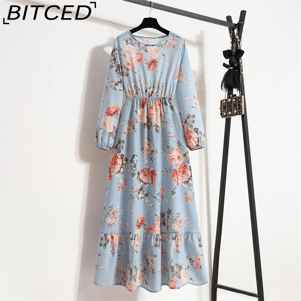 BITCED Spring Summer Bohemian Women Maxi Dress Casual Long Sleeve High Waist Beach Dress Women Floral Chiffon Dresses Vestidoes Mujer New