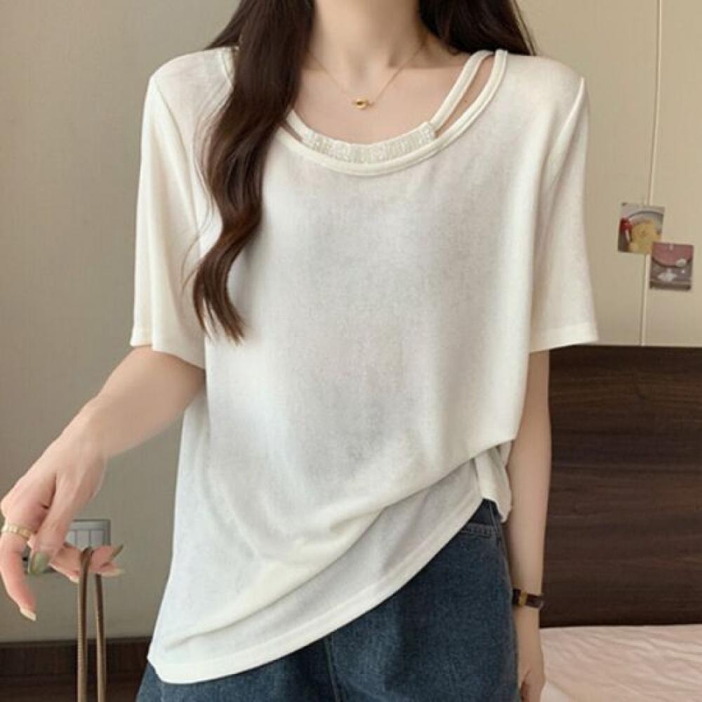 Navava Women Simple Daily Bead PoinT ShorT Sleeve T shirT nT2459