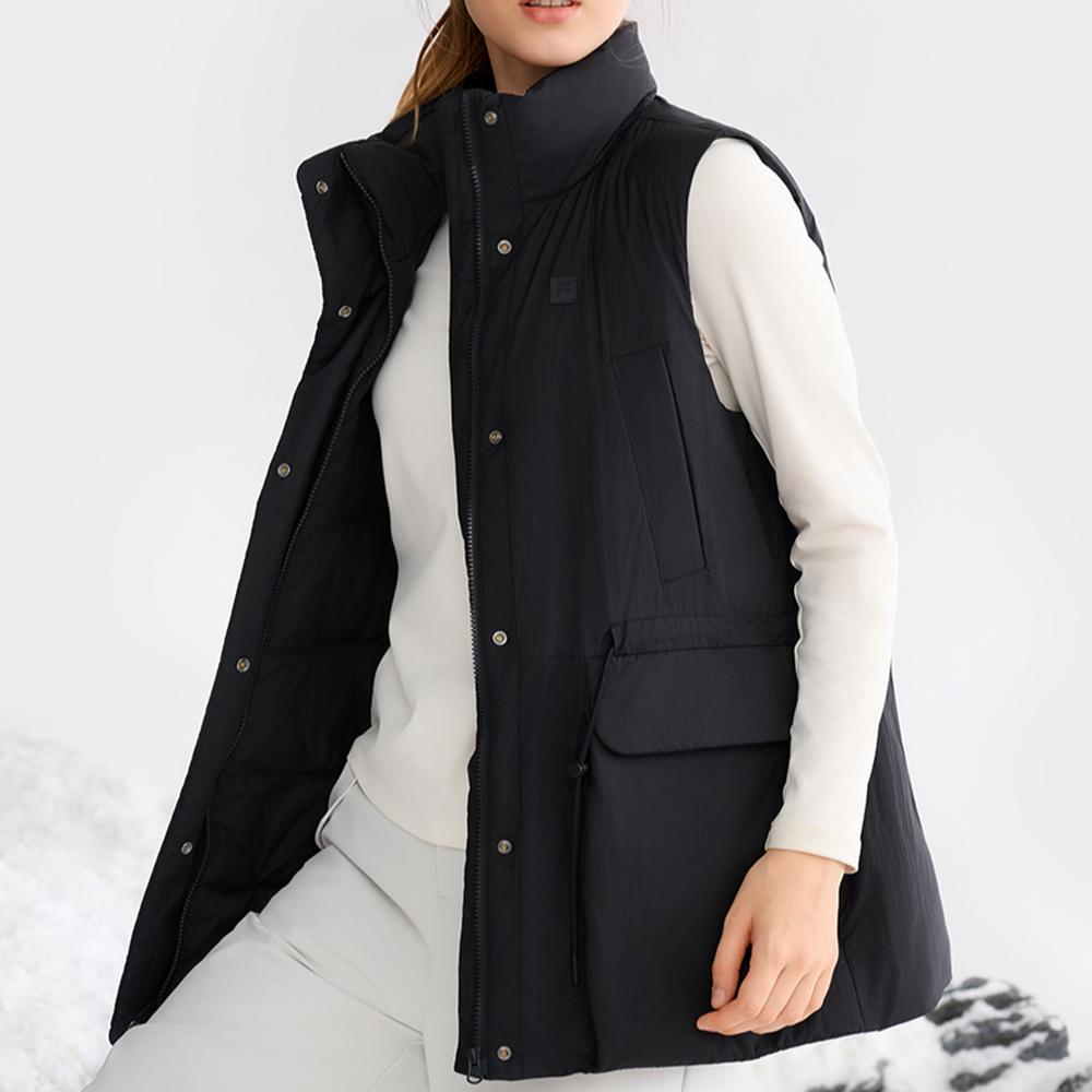 Fila Fitness Athletics Solid Color Outdoor Casual Sports Zipper Stand Collar Down Vest Women Vest Black A51W441901F-BK