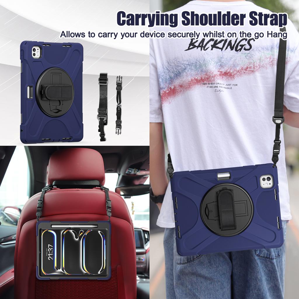 For iPad Pro 11 (2025)/11 (2024) Case PC+Silicone Kickstand Tablet Cover with Hand Strap and Shoulder Strap