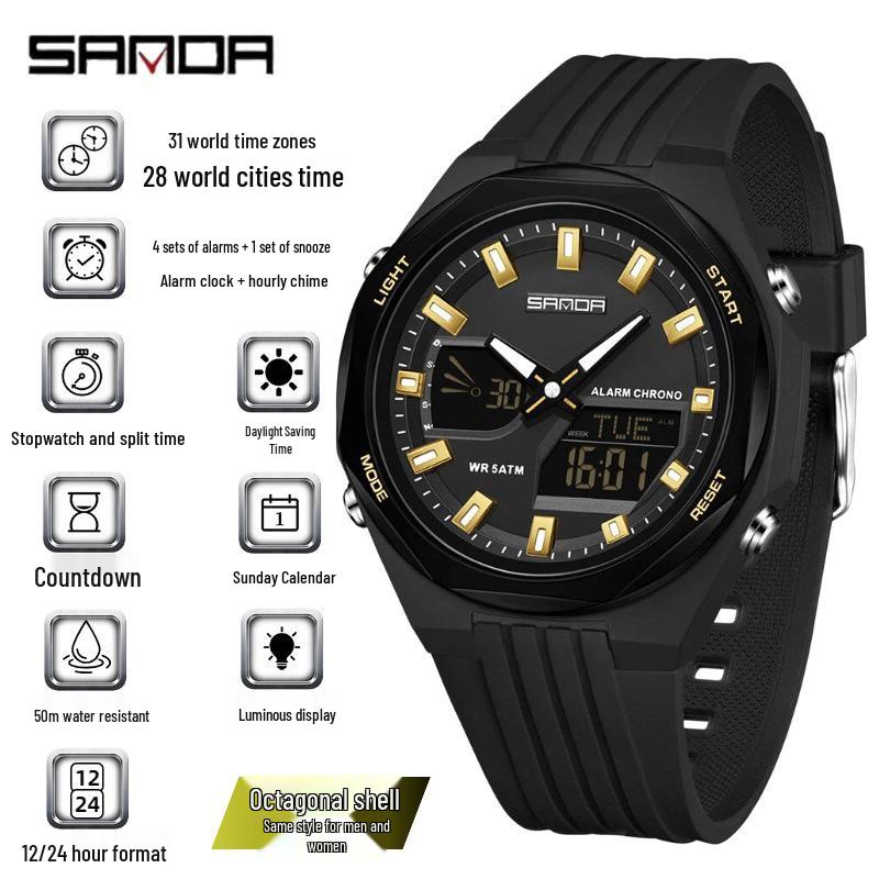 Sanda Bestseller Waterproof Summer Sports Watch with 4 Alarms, Snooze, and Countdown Timer. черно-золотой