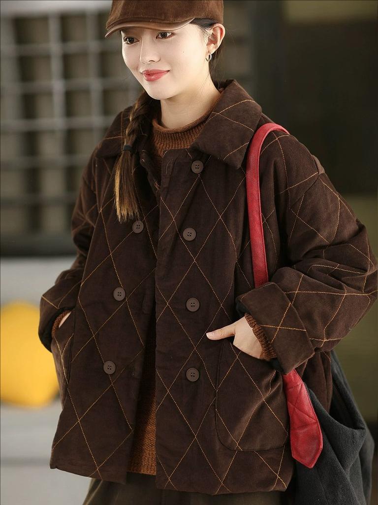 Johnature Women Vintage Turn-dwon Collar Long Sleeve Winter Coats Button Patchwork Pockets Coats