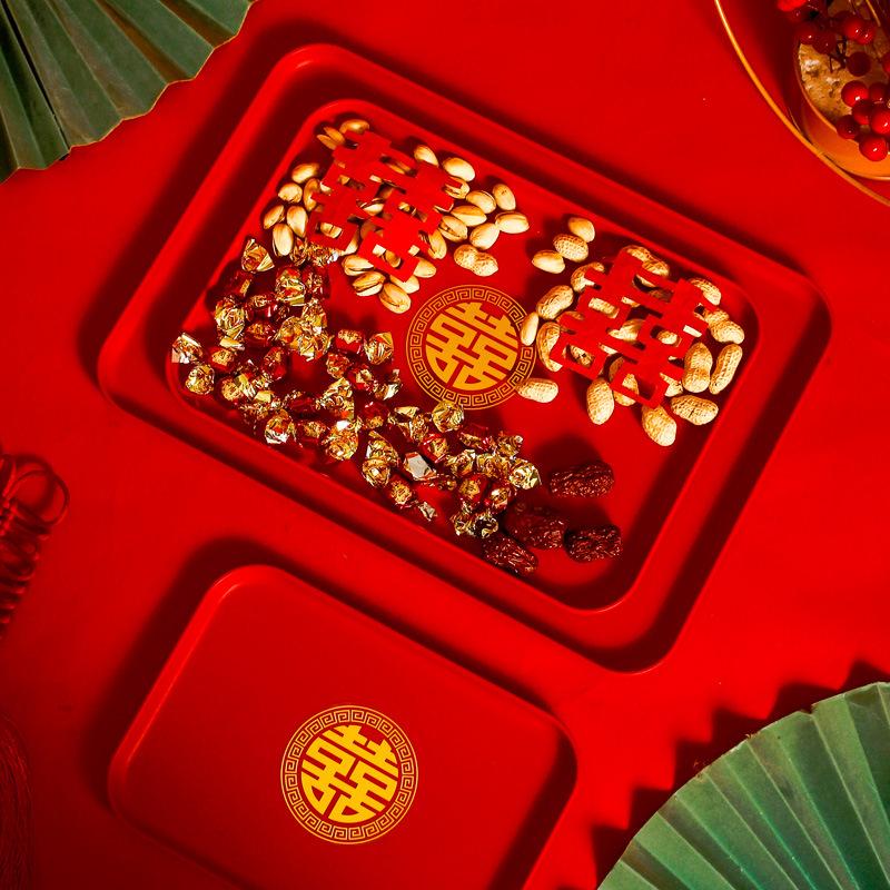 Wedding Fruit Plate, Special Happy Character Dried Fruit Plate For Living Room, Red Happy Plate For Festive Wedding, Tea Toast Tray
