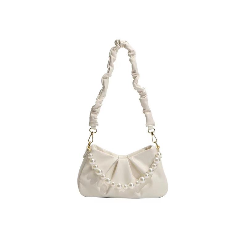 French versatile white pleated cloud bag for women, new pearl chain underarm bag, shoulder messenger bag for women