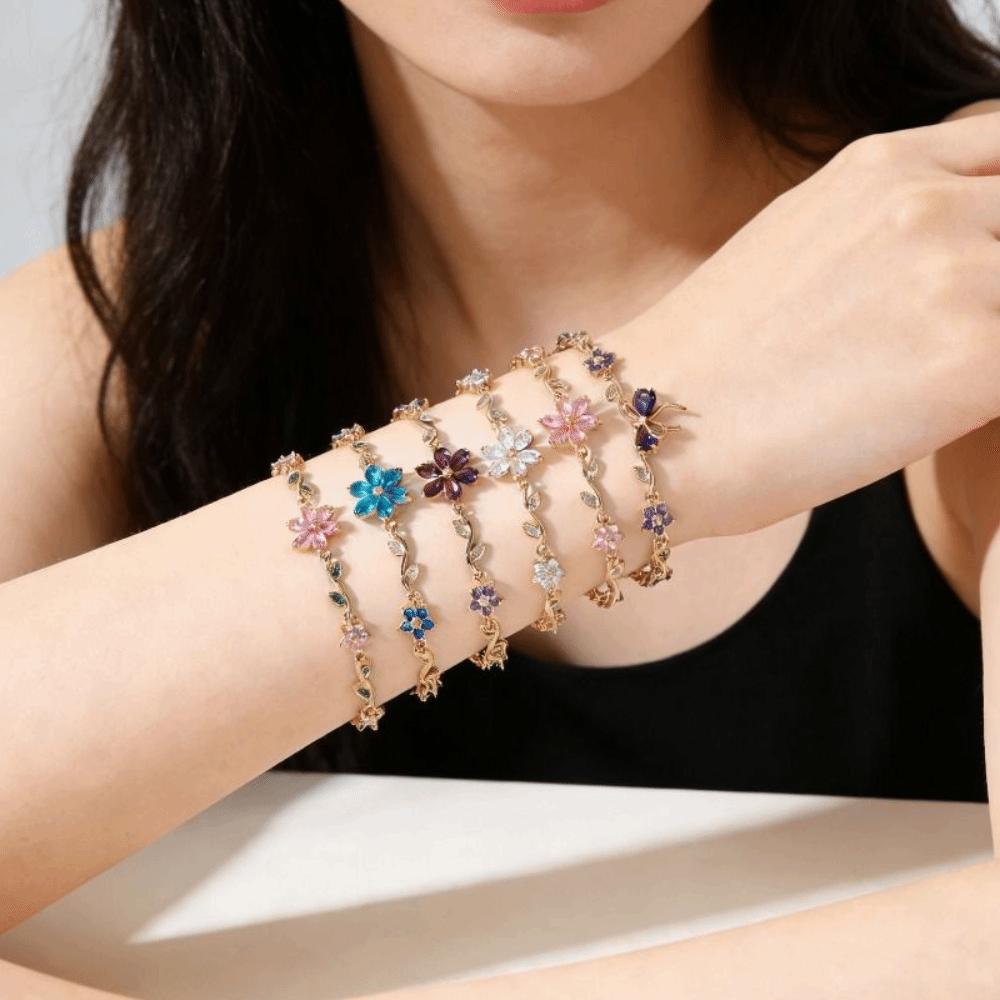 Exquis Bracelet Fleur Feuille Verte Luxe Brillant Strass Bracelet Mariage