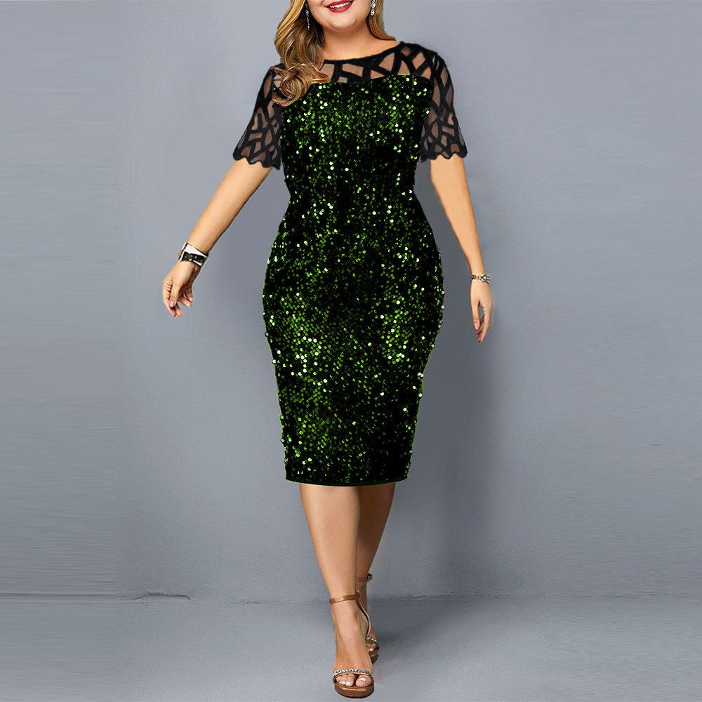 Spring and Autumn Sequined Plus Size Women's Dress 3 Colors Size 7 Short Sleeve Sequined Dress