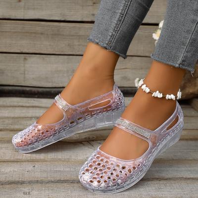 Transparente Sandalen Sommer Neu Runde Zehenpartie Flacher Ausschnitt Glitzer Fußbedeckung Weiche Sohle Rutschfest Wasserdicht Flache Schuhe