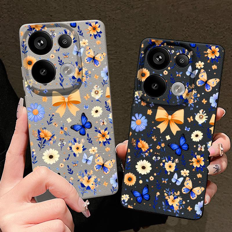 Blue Butterfly Floral Pattern Case For Xiaomi 14T 13T 11T Pro Funda Redmi Note 14 13 12 11 Pro 5G 4G Leather Texture Silicone Cover
