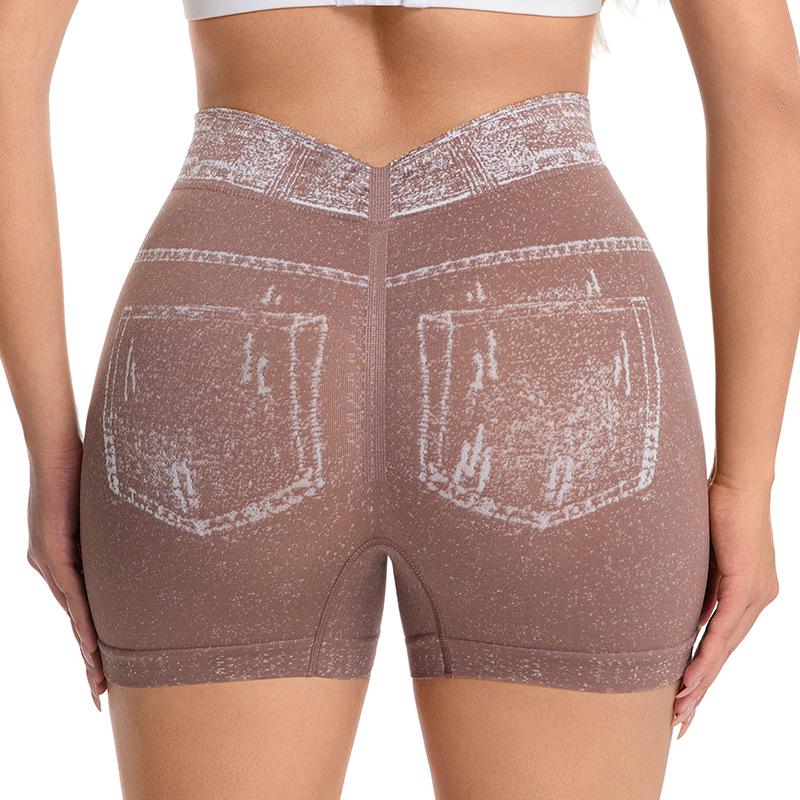 Denim-Style High-Waisted Tummy Control Peach Butt Lifting Yoga Shorts
