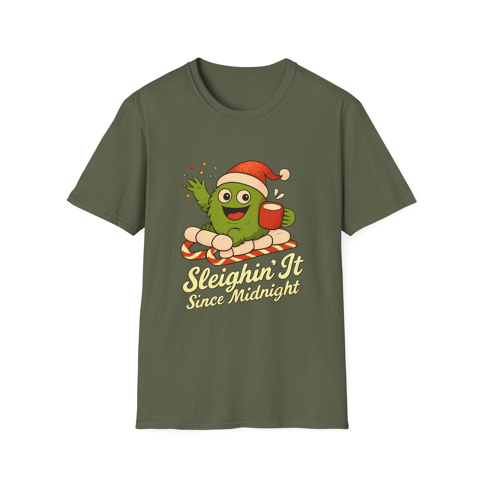 Unisex Softstyle T-Shirt Mens Womens Tees Top Green Creature Candy Cane Sled  Funny Christmas Holiday L