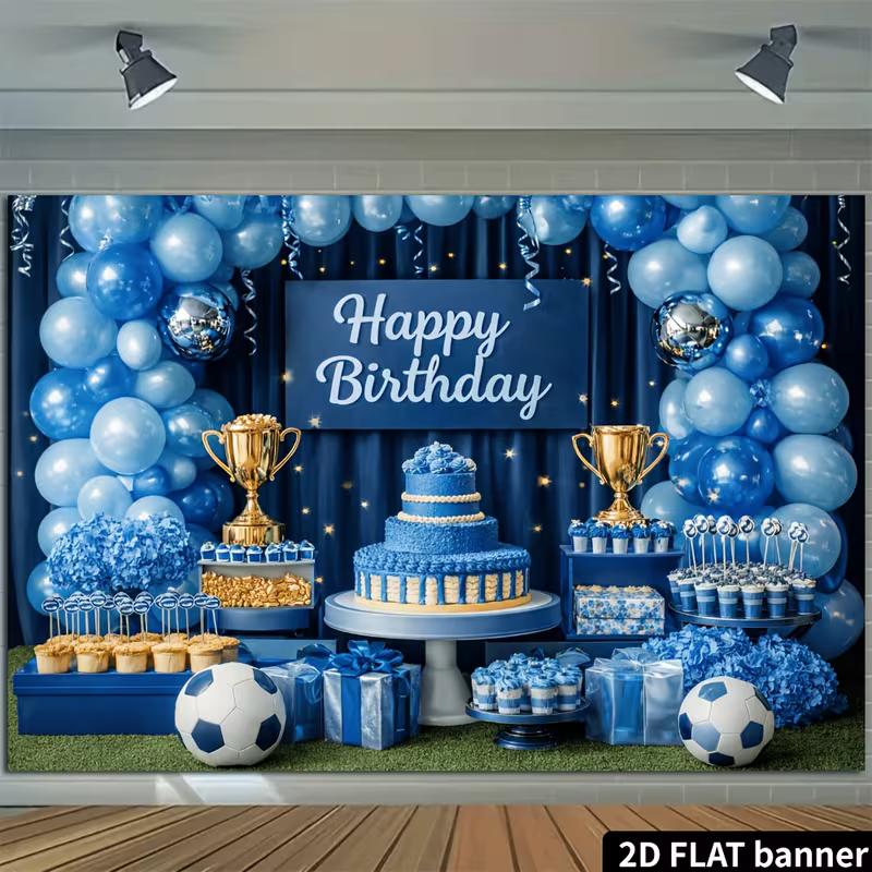 Sfondo 2D Buon Compleanno Calcio Pallone Blu Erba Striscione Fotografico