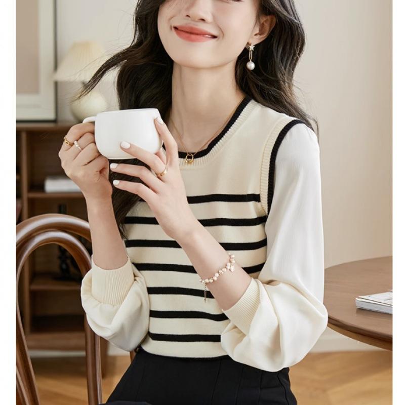 

Женский вязаный свитер из двух частей, новый весенне-осенний пуловер с длинным рукавом в ретро-полоску One Size