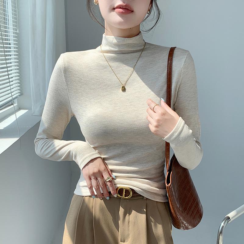 Women's H393 High Neck Warm Slimming Long Sleeve Top - Autumn/Winter Solid Color Versatile Mid-Neck Base Layer Shirt.