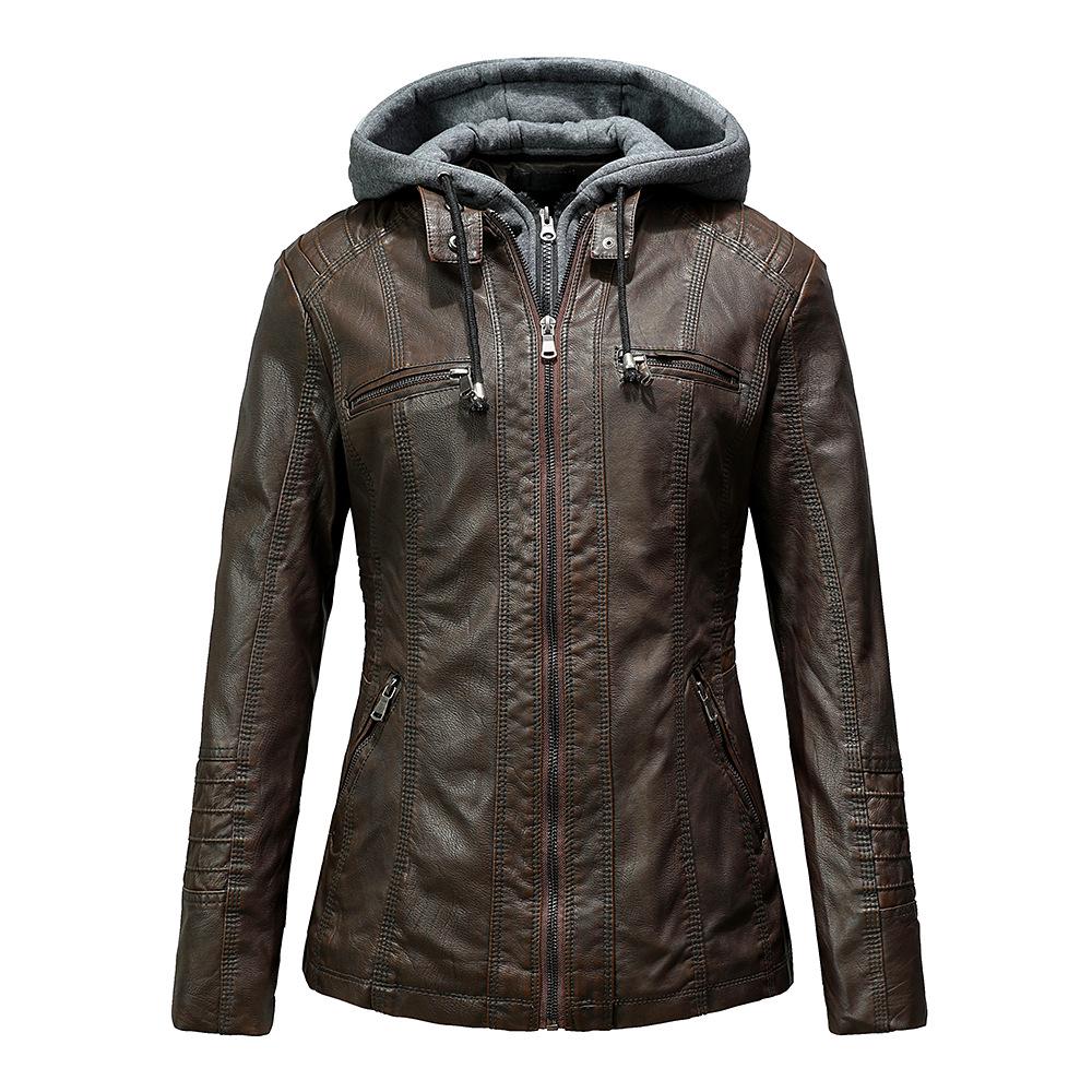 European Women's Slim Fit PU Leather Motorcycle Jacket with Detachable Hood