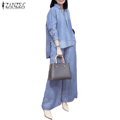 Women Long Sleeve Blouse and Pants Stripe Print Casual Two Piece Sets