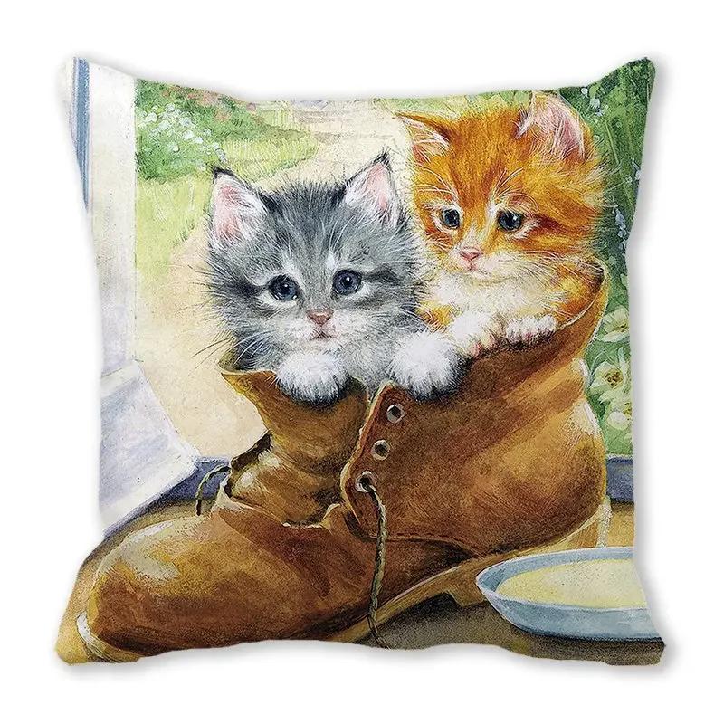 Urocza poszewka na poduszkę z nadrukiem zwierzęcym kota i psa do dekoracji sofy w salonie domowym, kwadratowa poszewka 45x45cm